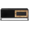 Industrial Coffee Table Natural Mango Wood and Black with Hand-Carved Detail