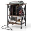 3-Tier Record Player Stand with Charging Station, Adjustable Shelf & Rolling Casters