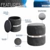 Modern Velvet Round Ottoman with Storage – Grey Tufted Upholstered Footrest with Hidden Storage