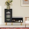 L-Shaped Shoe Cabinet & Storage Bench with Padded Seat – Black Entryway Organizer with Glass Door