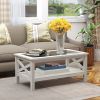 Coffee Table with Tempered Glass Top, Wood Frame and Storage Shelf, White Oak
