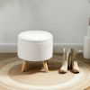 Round Ottoman Stool with Storage – Linen Upholstered Footrest with Padded Seat and Wood Legs, White