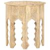 Whitewashed Solid Mango Wood Side Table with Hand-Carved Floral Design