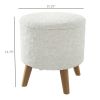 Round Storage Ottoman Stool with Linen Fabric Seat and Wooden Legs