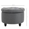 Storage Ottoman Bench Round Button Tufted Linen-Touch Grey – Footstool with Hidden Storage