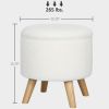 Round Ottoman Stool with Storage – Linen Upholstered Footrest with Padded Seat and Wood Legs, White