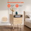 VEVOR Rattan Nightstand – Boho Bedside Table with 2 Drawers & Open Shelf, Solid Wood Legs