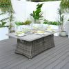 Direct Wicker Patio Fire Pit Dining Set – 6-Seat Rectangular Table with Aluminum Frame & Rattan Chairs
