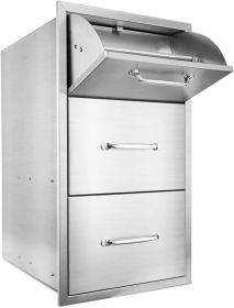 Outdoor Kitchen Drawer Combo – 304 Stainless Steel BBQ Triple Drawer & Trash Drawer for BBQ Island (size: W17*D21*H30)