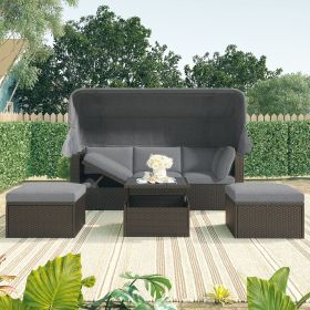 Outdoor Patio Rectangle Daybed with Retractable Canopy & Cushions (Color: Gray)