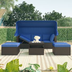 Outdoor Patio Rectangle Daybed with Retractable Canopy & Cushions (Color: Blue)