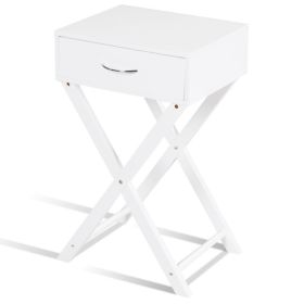 Modern X-Leg Side Table with Drawer – White Sofa & Nightstand (Color: White)