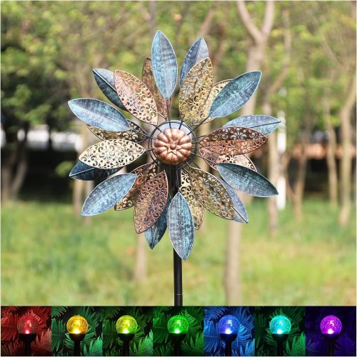 Yard Garden Wind Spinner with Solar Lights, Large Outdoor Metal Wind Spinners, Lawn Yard Art Garden Decor, Garden Wind Spinner