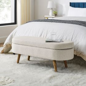 Oval Storage Ottoman Bench with Rubber Wood Legs – 43.5" (Color: Beige)