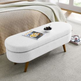 Oval Storage Ottoman Bench with Rubber Wood Legs – 43.5" (Color: White)