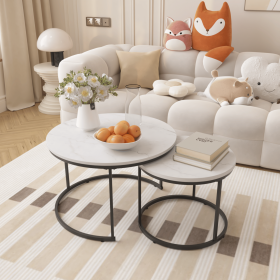 Nesting Coffee Table Set of 2 – 27.6" Round Industrial Wood & Metal (Material: Wood+Metal, Color: White)