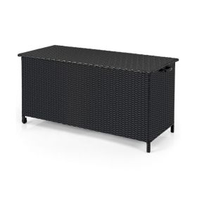 85 Gallon Indoor Outdoor PE Rattan Storage Deck Box with Wheels & Waterproof Liner (Color: Black)
