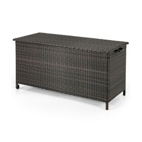 85 Gallon Indoor Outdoor PE Rattan Storage Deck Box with Wheels & Waterproof Liner (Color: Brown)