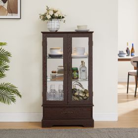 Lighted Glass Curio Display Cabinet with Adjustable Shelves, 2 Doors & 1 Drawer – Cherry (Material: MDF+glass, Color: Cherry)