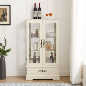 Lighted Glass Curio Display Cabinet with Adjustable Shelves, 2 Doors & 1 Drawer – Cherry (Material: MDF+glass, Color: White)