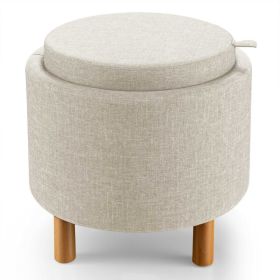 Round Fabric Storage Ottoman with Removable Tray and Non-Slip Pads (Color: Beige)