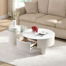 Round Nesting Coffee Table Set of 2 with Storage Drawer and Glass Top (Color: White)