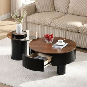 Round Nesting Coffee Table Set of 2 with Storage Drawer and Glass Top (Color: Black)