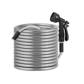 Garden Watering Kit with Metal Hose and 7-Pattern Nozzle (Color: silver, Type: 100FT)