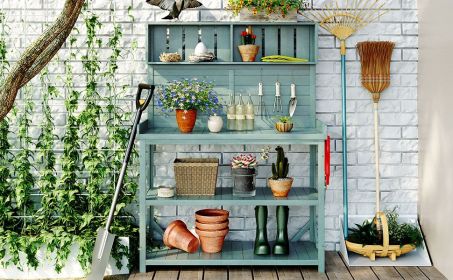 TOPMAX 65" Large Wooden Farmhouse Rustic Outdoor Potting Bench Table, Patio Workstation, Garden Potting Bench with 4 Storage Shelves and Side Hook (Color: as Pic)