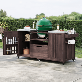 66.5" Outdoor Kitchen Island for Big Green Egg – Solid Wood Grill Cart with Stainless Steel Top (Material: Wood + Stainless Steel, Color: Brown)