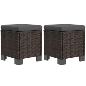Set of 2 Wicker Outdoor Ottomans with Cushions – Patio Footrest & Side Tables (Color: as picture)
