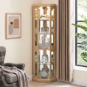Lighted Corner Glass Curio Cabinet with Adjustable Shelves (Material: MDF+glass, Color: Light Oak)