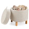 Round Fabric Storage Ottoman with Removable Tray and Non-Slip Pads