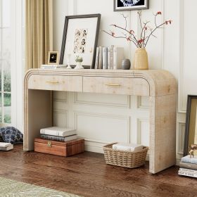Retro Curved Console Table with 2 Drawers – Distressed Finish (Material: MDF, Color: Natural Wood Wash)