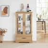 Lighted Glass Curio Display Cabinet with Adjustable Shelves, 2 Doors & 1 Drawer – Cherry